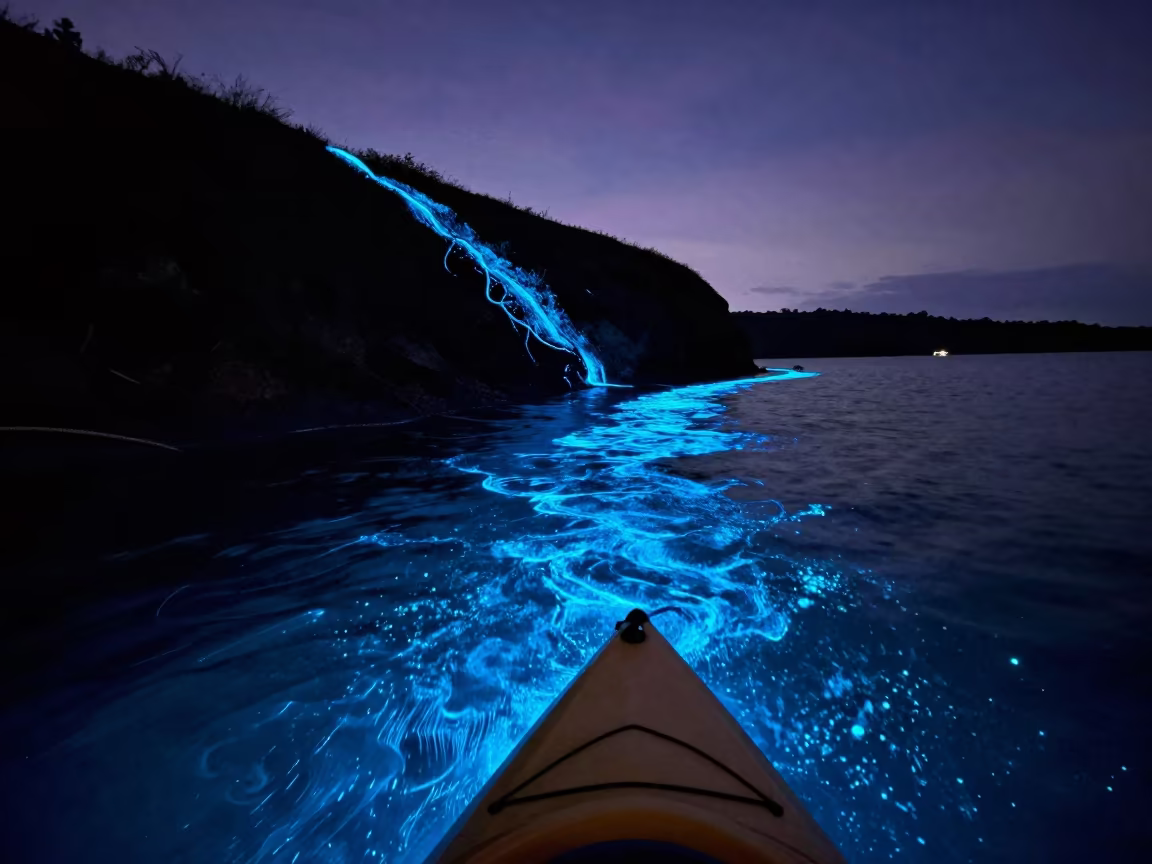 Bioluminescent Kayak Wake Flows Uphill in Nicaragua in in Nicaragua