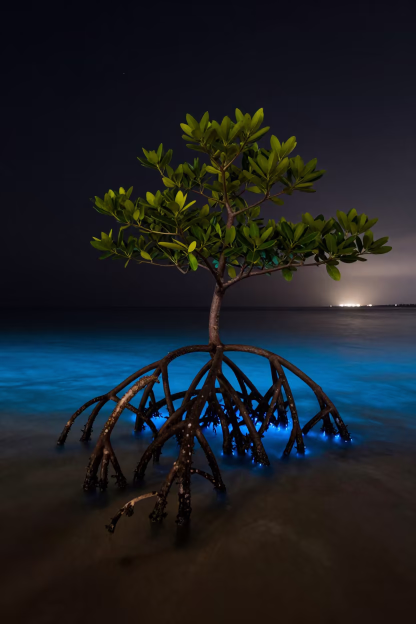 Bioluminescent Mangrove Roots Under Deep Night Sky in beneath a dark-sky overlook in Bali