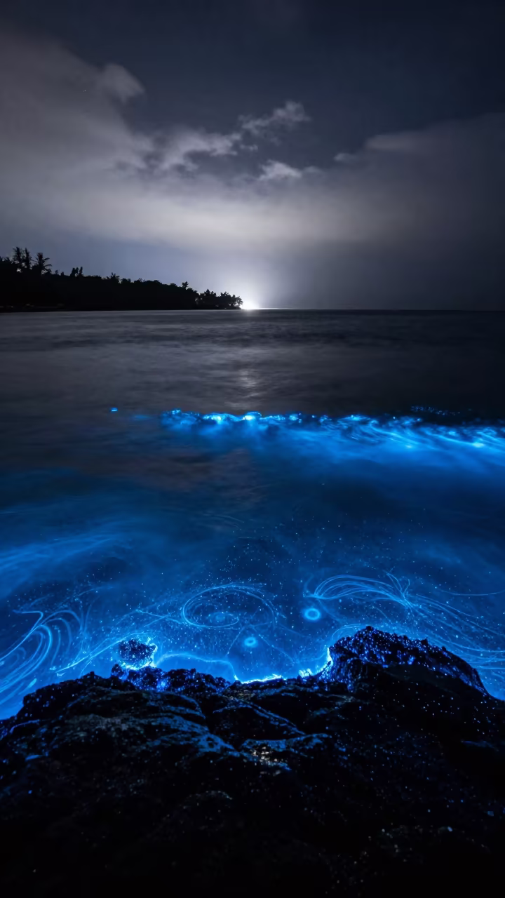 Bioluminescent Plankton in Dark Shore Waves at Night in from a frost-hushed ridgeline in Fiji