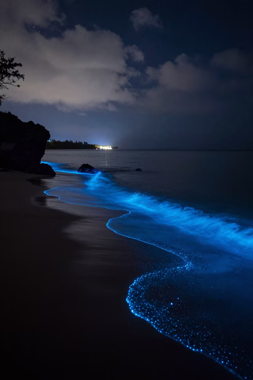Bioluminescent Plankton in Fiji Shore Waves in under the clearest stretch of sky in Fiji