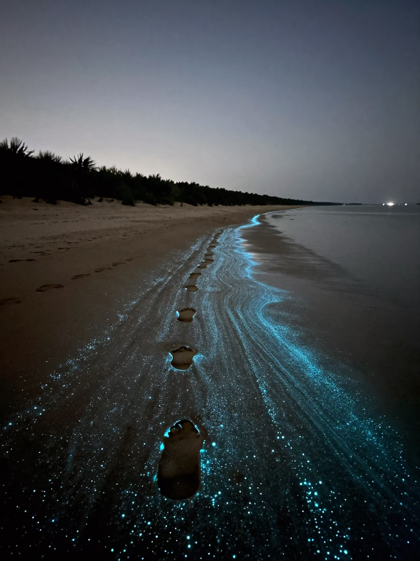 Bioluminescent Plankton Footprints Desert Monsoon Night in from a dune-backed overlook in clear desert air in the Mekong Delta