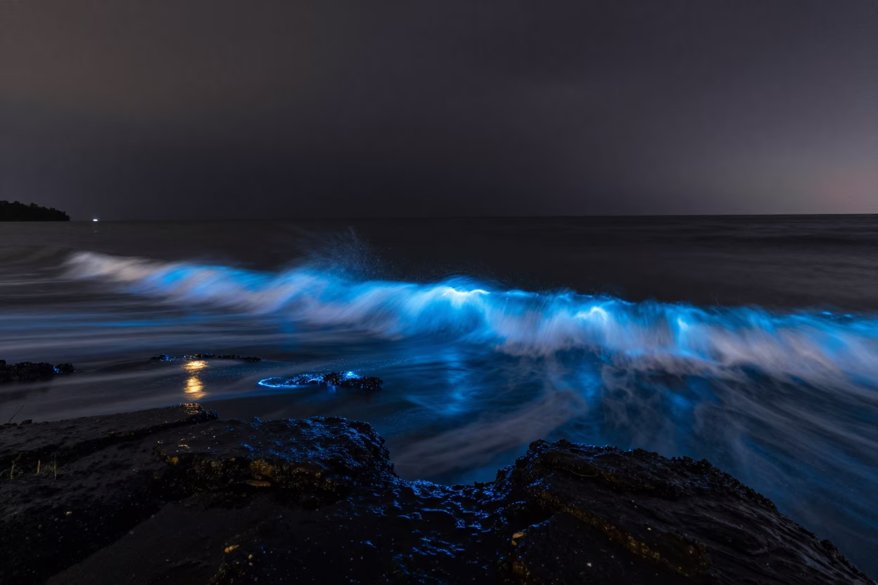 Bioluminescent Plankton Glowing Along Breaking Wave in beneath a dark-sky overlook near Cajamarca