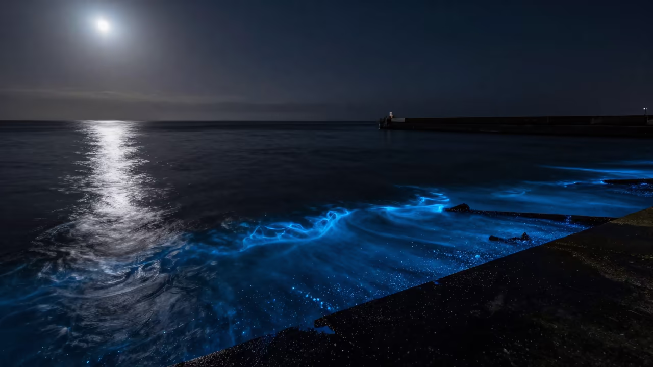 Bioluminescent Plankton in Moonlit San Francisco Waves in from a moonlit breakwater near San Francisco