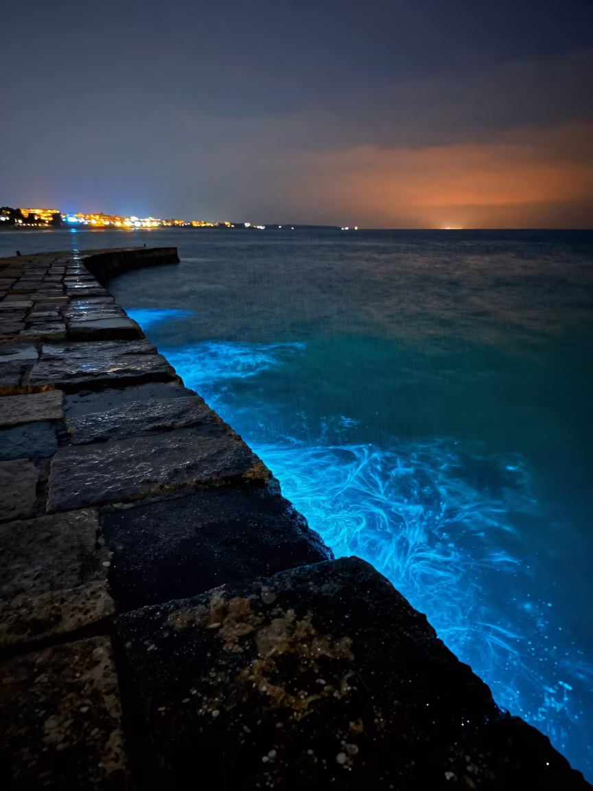 Bioluminescent Plankton Glowing at Syrian Breakwater in from a moonlit breakwater in Syria