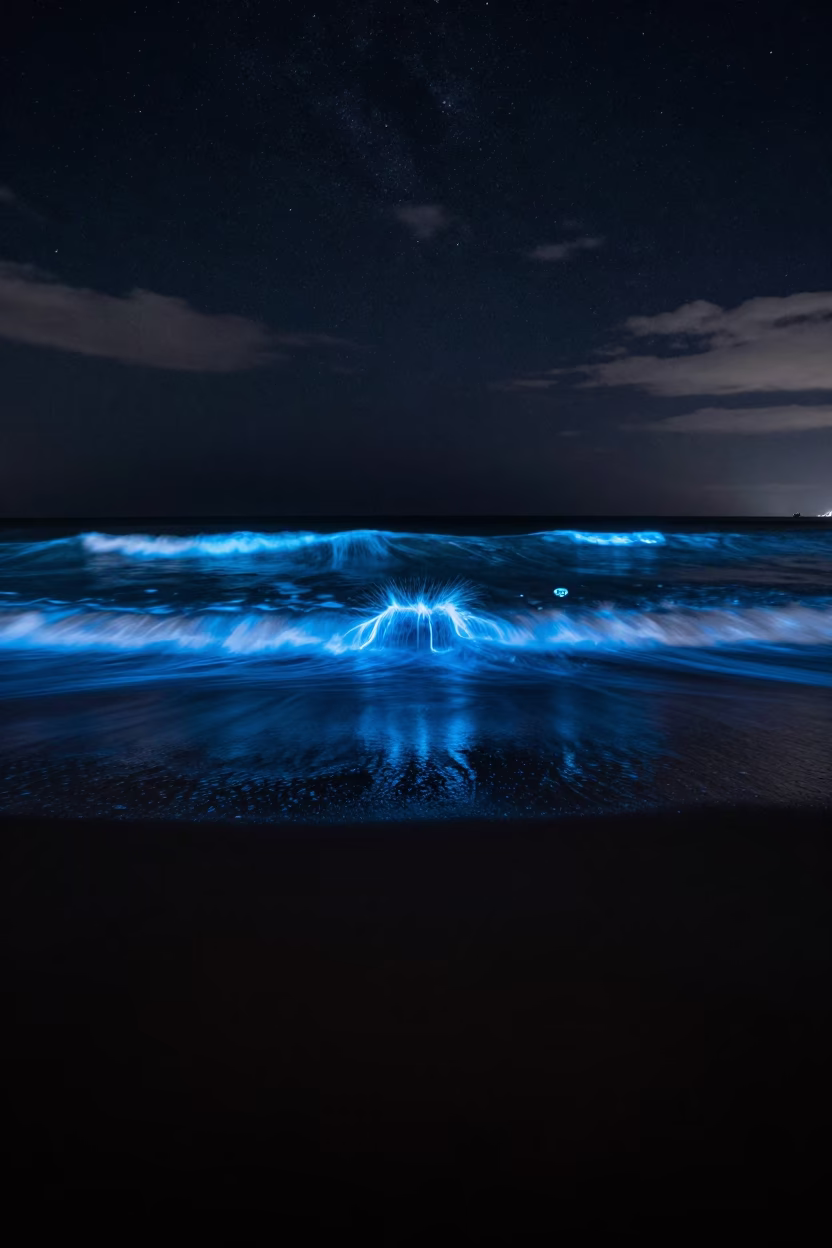 Bioluminescent Plankton Wave Reflection Midnight Sky in beneath thin cloud gaps and stars in Western Australia