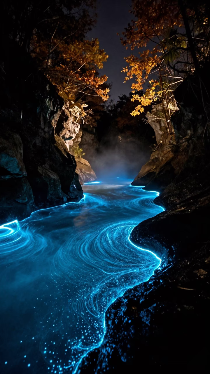 Bioluminescent Plankton Wave Rim Light Croatia Gorge in above a misty gorge in warm night air in Croatia
