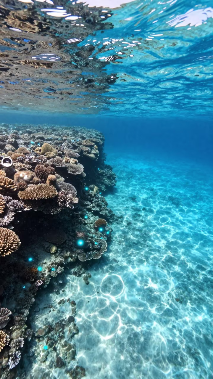Bioluminescent Reef Edge Tracing Crescent Bay in beneath a reef ledge in tropical shallows near Cairns