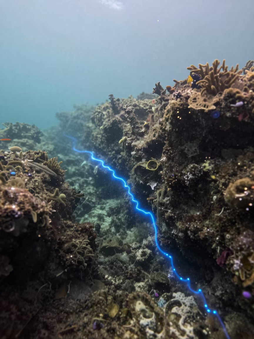Bioluminescent Reef Line Under Cairns Water in beside a reef crevice under clear water near Cairns
