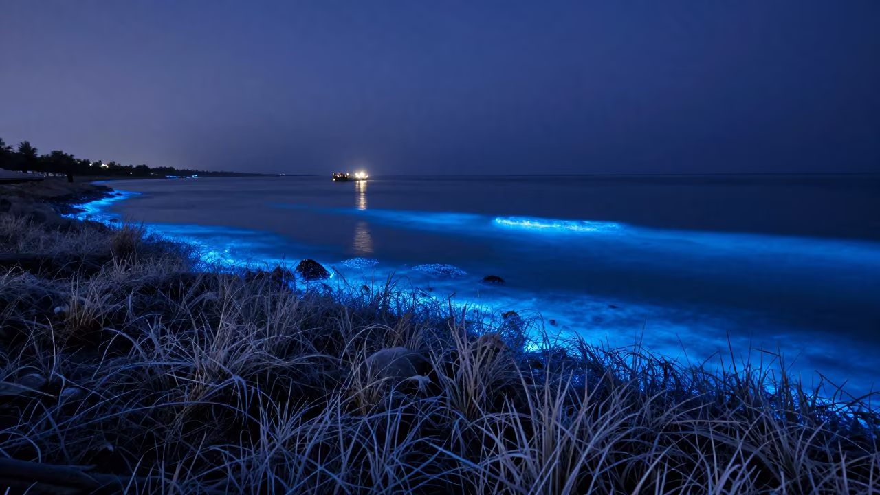 Bioluminescent Shoreline Under Midnight Blue Sky in under the clearest stretch of sky in Pakistan