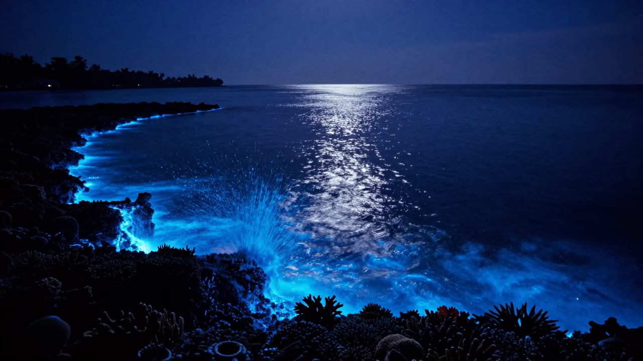 Bioluminescent Surf Glowing Along Belize Reef Edge in along a coral wall with blue water beyond near Belize City