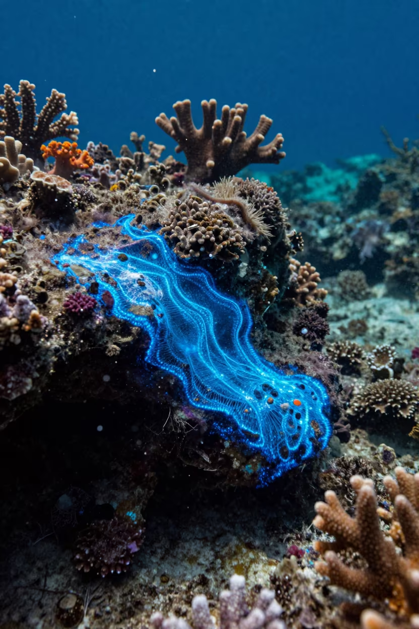 Bioluminescent Surf Line on Coral Reef Near Cairns in along a coral wall with blue water beyond near Cairns