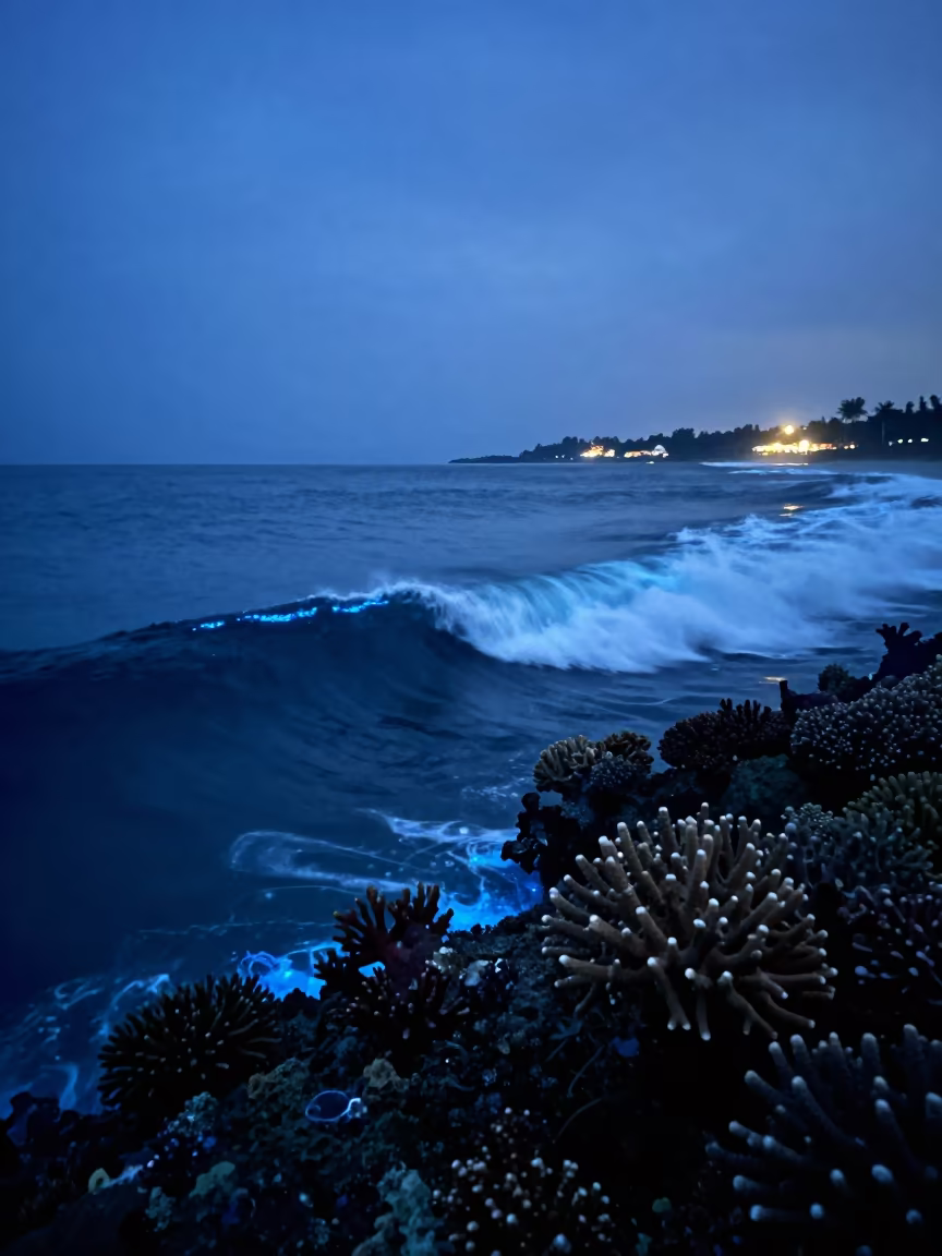 Bioluminescent Surf Line Along Coral Reef in along a coral wall with blue water beyond near Denpasar
