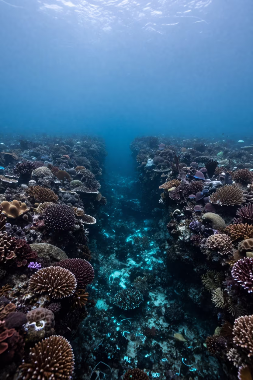 Bioluminescent Surf Tracing Cebu Reef Edge in along a coral wall with blue water beyond near Cebu