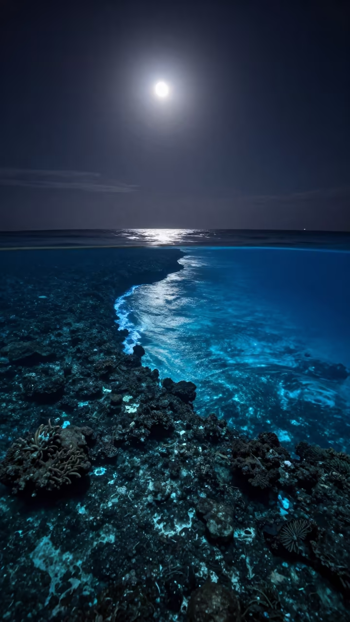 Bioluminescent Surf Tracing Volcanic Reef Zanzibar Night in beside a volcanic reef overhang near Zanzibar