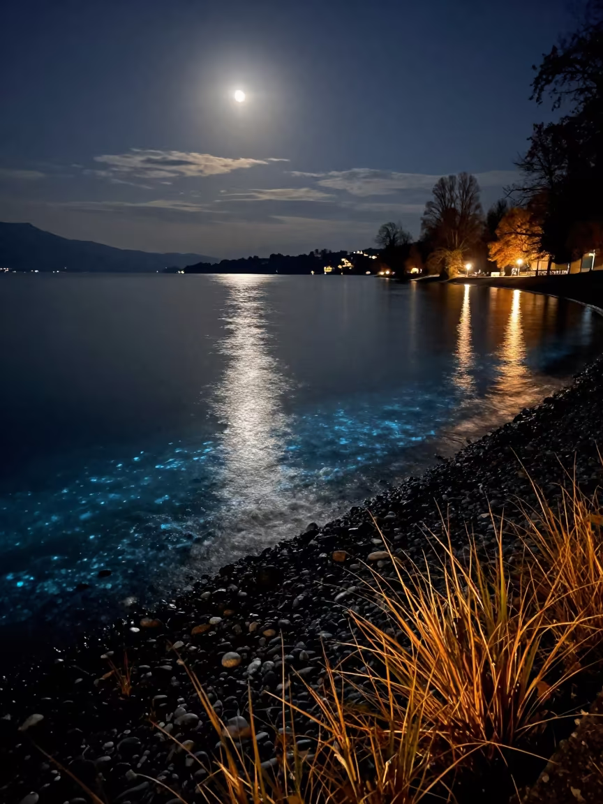 Bioluminescent Swiss Shoreline Before Dawn in in Switzerland