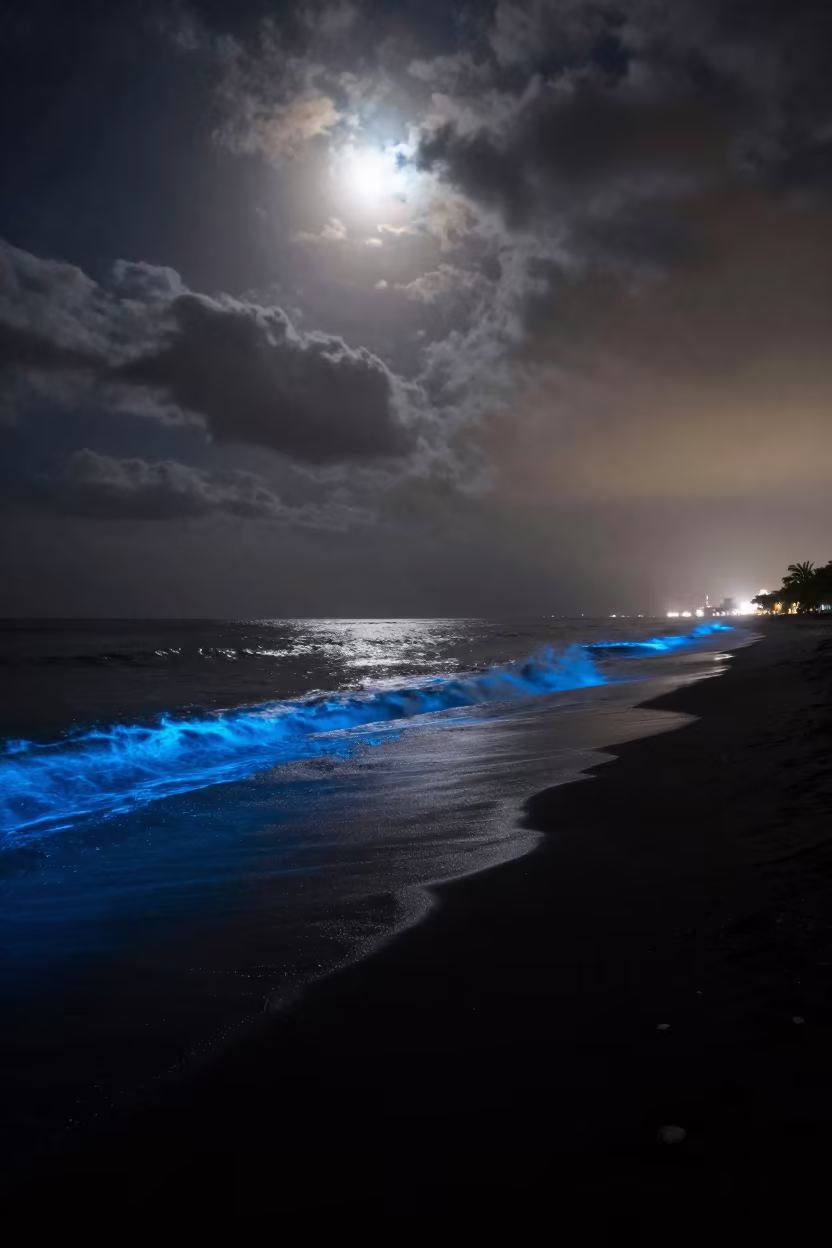 Bioluminescent Tide Glow on Dark Havana Shore in along a dark shoreline with tidal glow near Havana