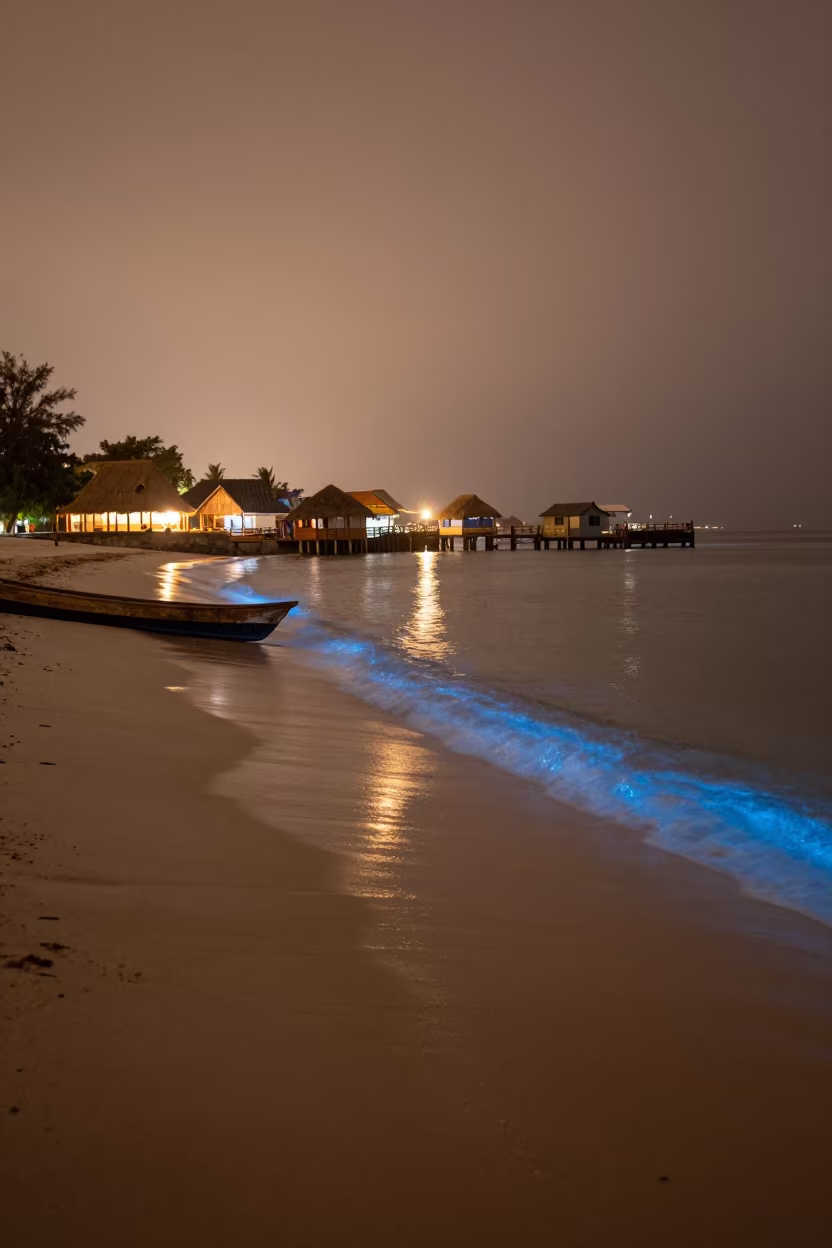Bioluminescent Tide Lanterns Tanzania Rainy Season in beside a lantern-dotted harbor in Tanzania