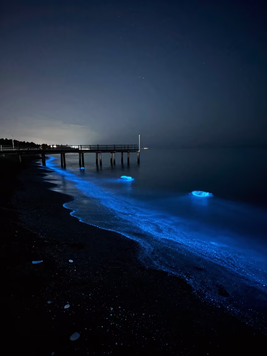 Bioluminescent Tide Under Moonlit Stars in in Japan