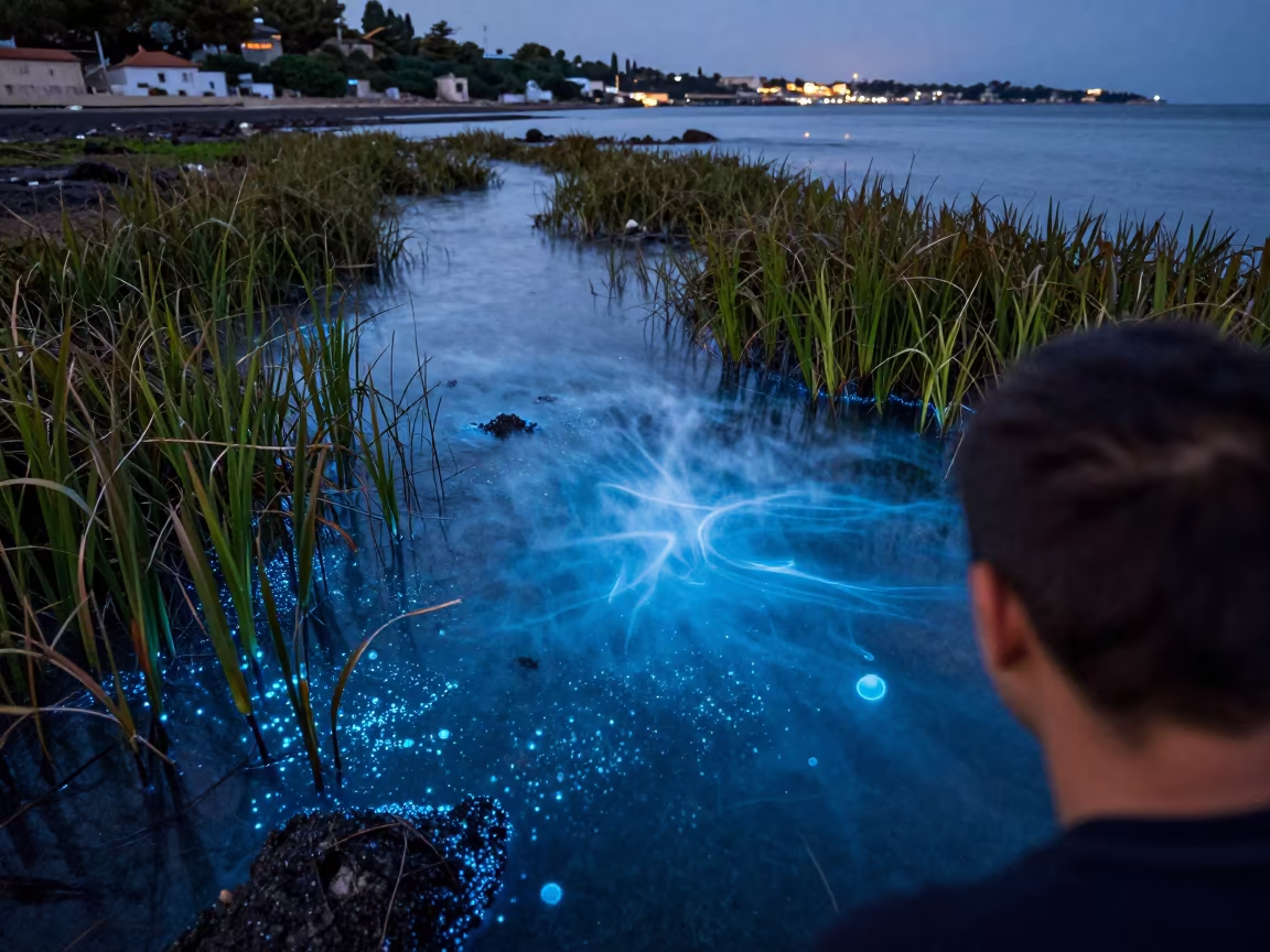 Bioluminescent Tide Pool Marseille After Rain in along a seagrass channel near the coast in Marseille