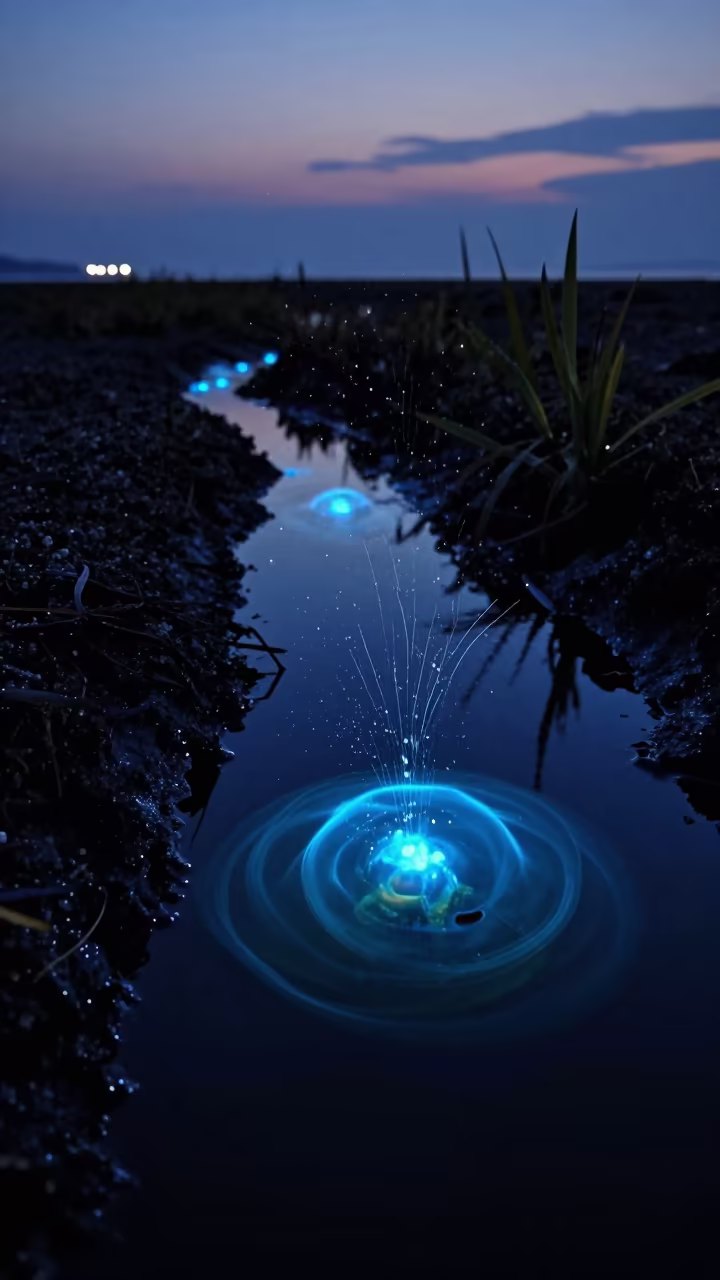 Bioluminescent Tide Pool Silhouette Twilight in along a seagrass channel near the coast near Busan