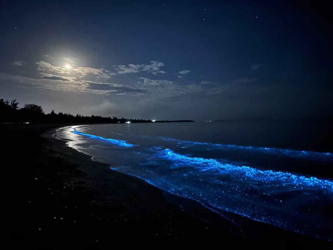Bioluminescent Vietnam Shoreline Under Starlit Night in beneath thin cloud gaps and stars in Vietnam