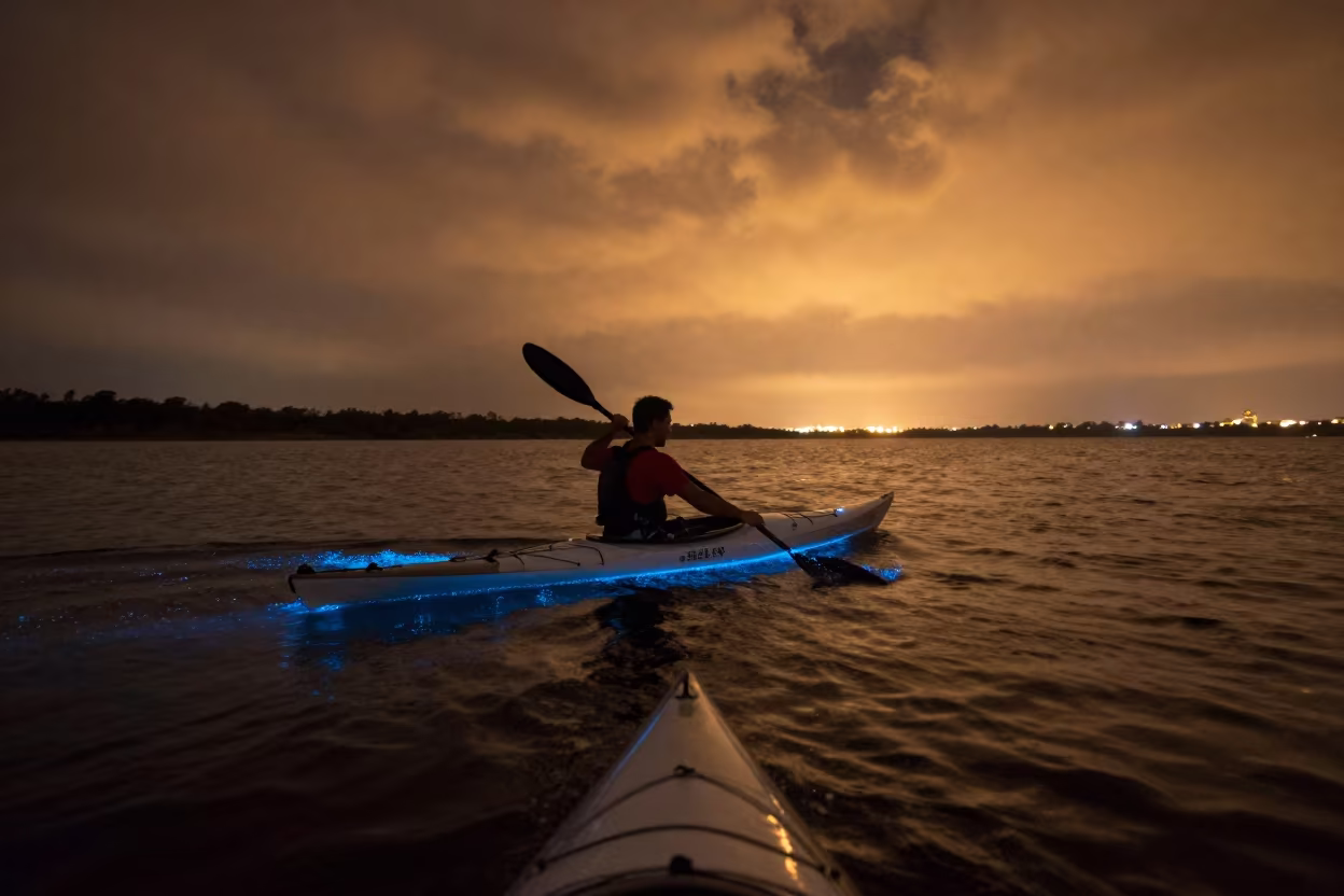 Bioluminescent Wake in Golden Ferry Crossing in across a remote ferry crossing in São Paulo state