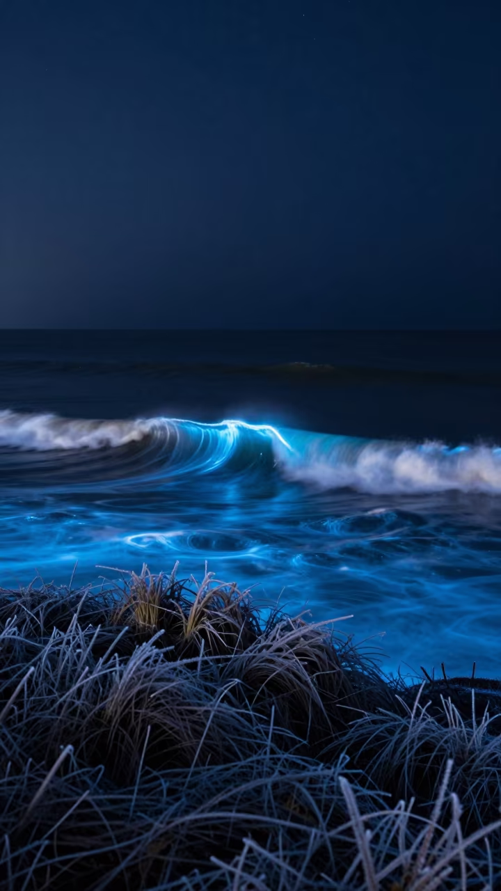 Bioluminescent Wave Rim Light on Winter Hefei Ridge in from a frost-hushed ridgeline near Hefei