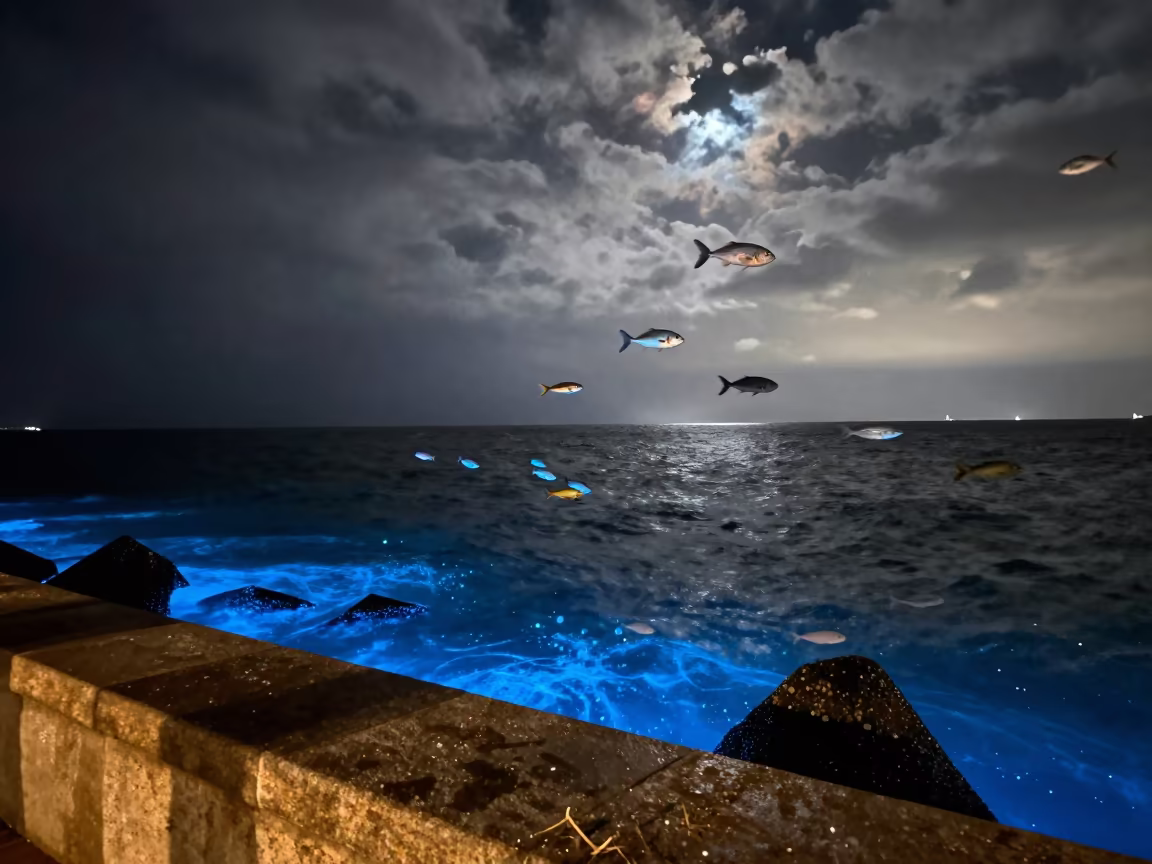 Bioluminescent Waves and Airborne Fish Barcelona in from a moonlit breakwater near Barcelona