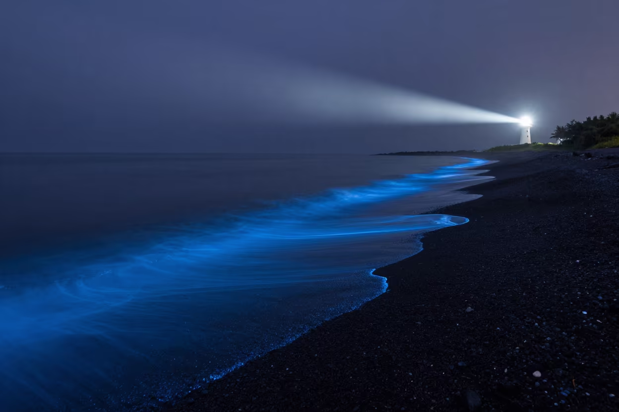 Bioluminescent Waves on Black Sand Before Dawn in from a moonlit breakwater near Honolulu