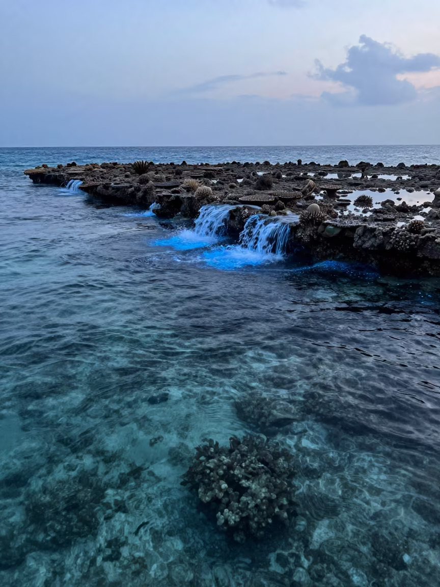 Bioluminescent Waves Breaking on Coral at Dawn in along a coral wall with blue water beyond near Stone Town