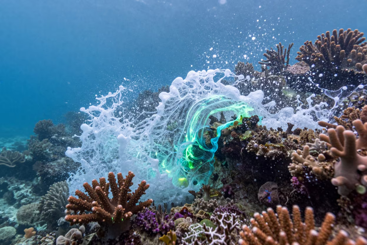 Bioluminescent Waves on Cebu Reef Flat in along a coral wall with blue water beyond near Cebu