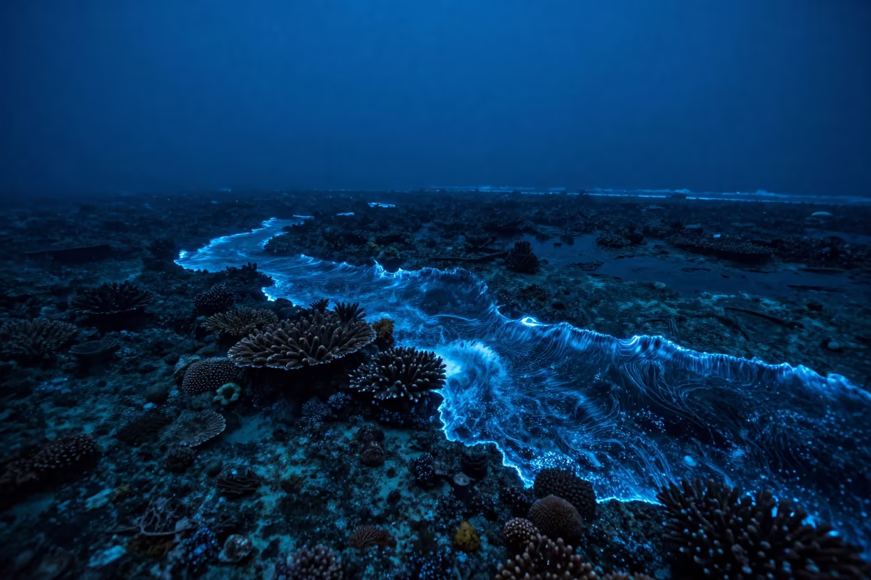 Bioluminescent Waves Breaking on Reef Flat Twilight in beneath a reef ledge in tropical shallows near Zanzibar