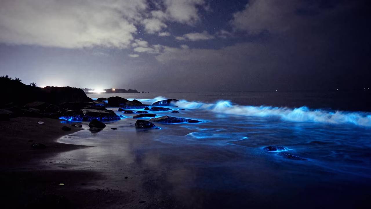 Bioluminescent Waves Crash on Rocky Headland Under Stars in beneath thin cloud gaps and stars near Kumasi