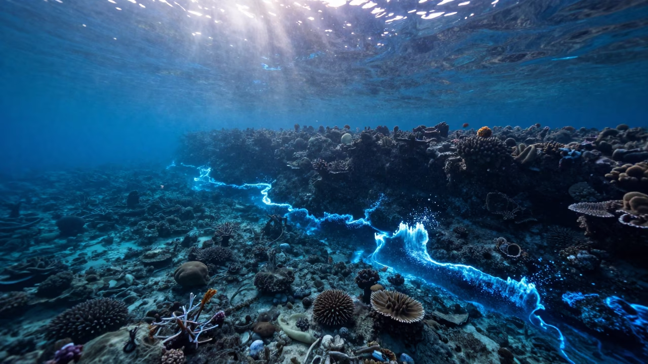Bioluminescent Waves on Tropical Reef Flat in beneath a reef ledge in tropical shallows near Cairns