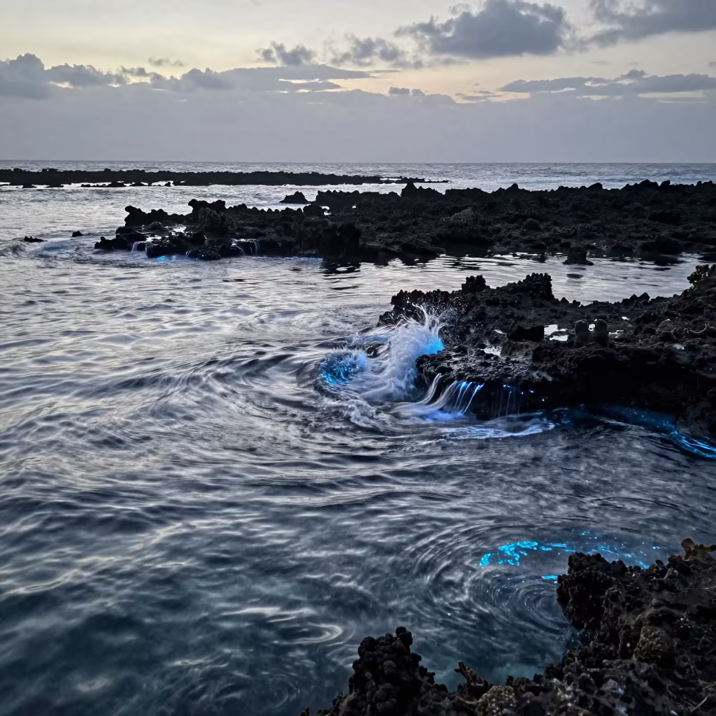 Bioluminescent Waves on Volcanic Reef at Dawn in beside a volcanic reef overhang near Stone Town