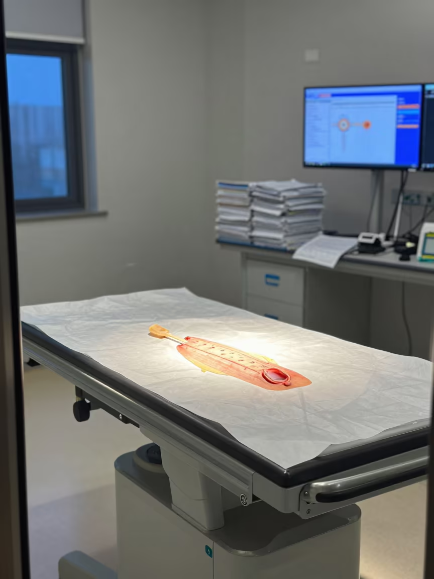 Biopsy Marker Bin in Fuzhou Radiology Control Room in inside an imaging control area behind glass in Fuzhou