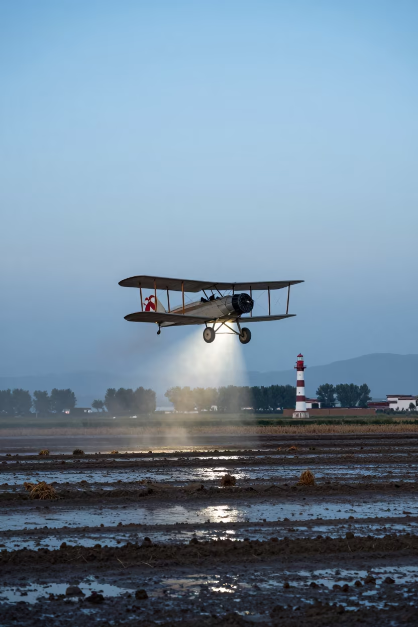 Biplane Barnstormer Pass Over Lhasa Irrigated Fields in along freshly irrigated rows in Barkhor, Lhasa
