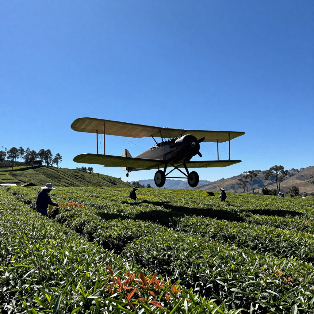 Biplane Barnstormer Pass Over Cusco Tea Plantation in at the edge of a tea plantation near Cusco