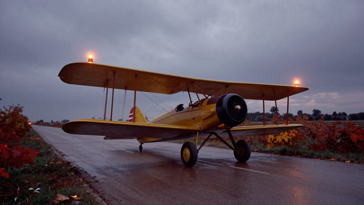 Biplane on Croatian Causeway at Blue Hour in on a wind-open causeway in Croatia