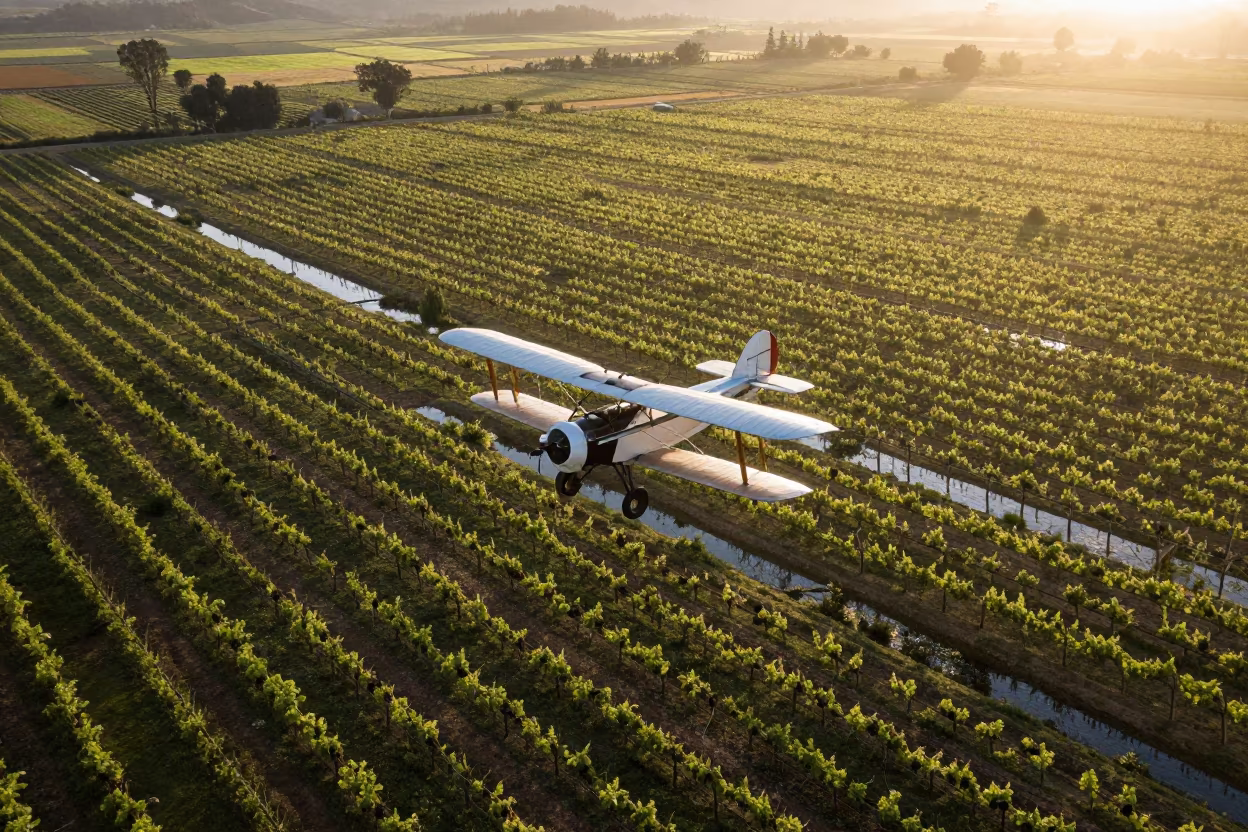Biplane Dawn Pass Over Quito Vineyard Rows in between vineyard trellises in Quito