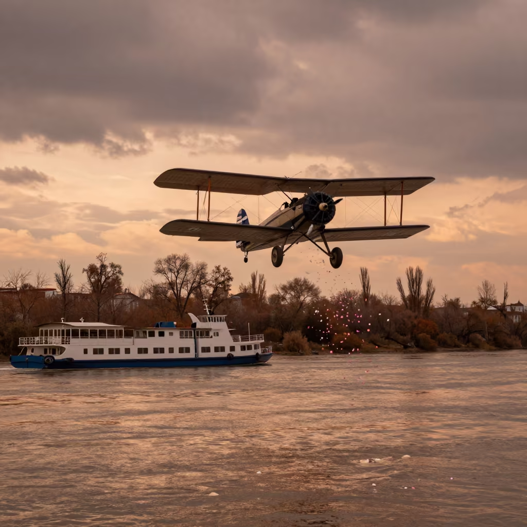 Biplane Drops Flower Petals Over Almaty Ferry Crossing in across a remote ferry crossing near Almaty