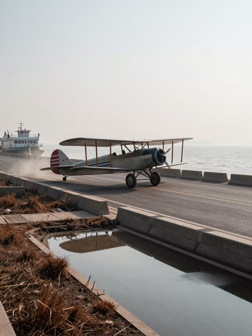 Biplane on Ferry Road in Winter Mist in across a remote ferry crossing near Tianjin