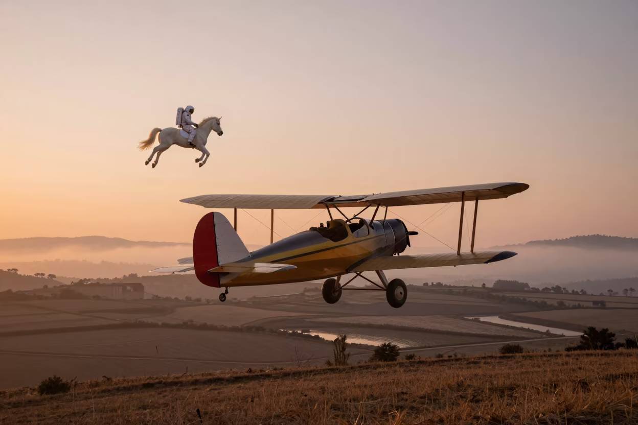 Biplane Flies Low Over Ligurian Fields in along a switchback approach in Liguria