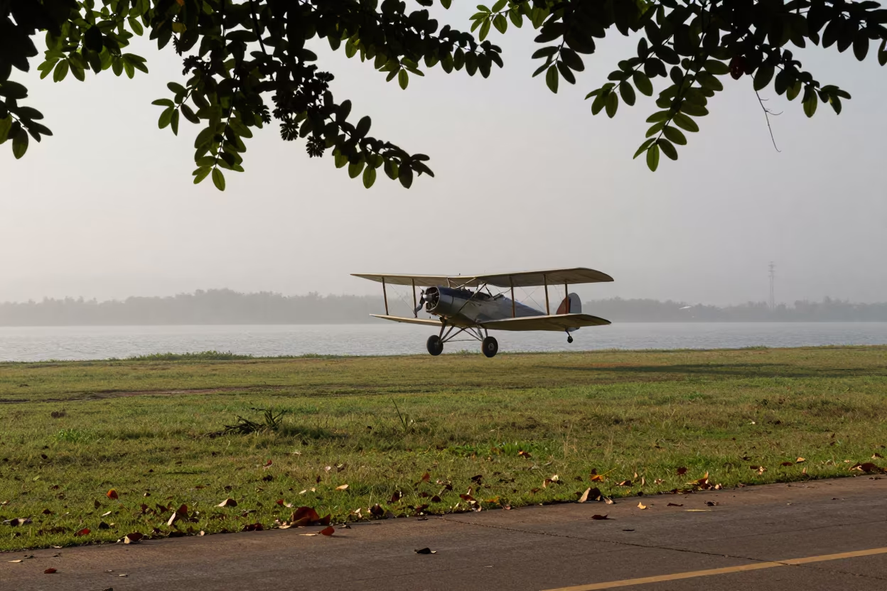 Biplane Flies Low Over Foggy Laos Harbor in beside a fogbound harbor mouth in Laos