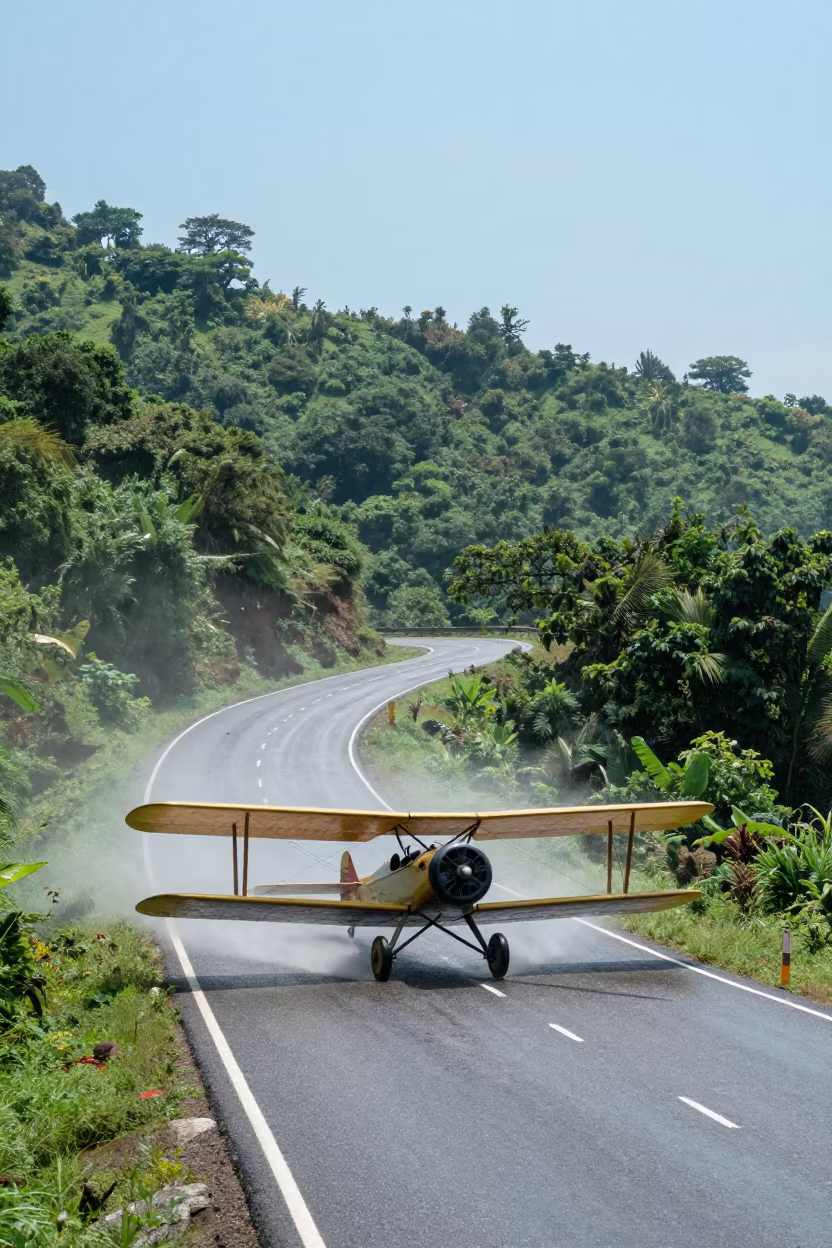 Biplane on Indian Switchback Road Dust Trail in in India