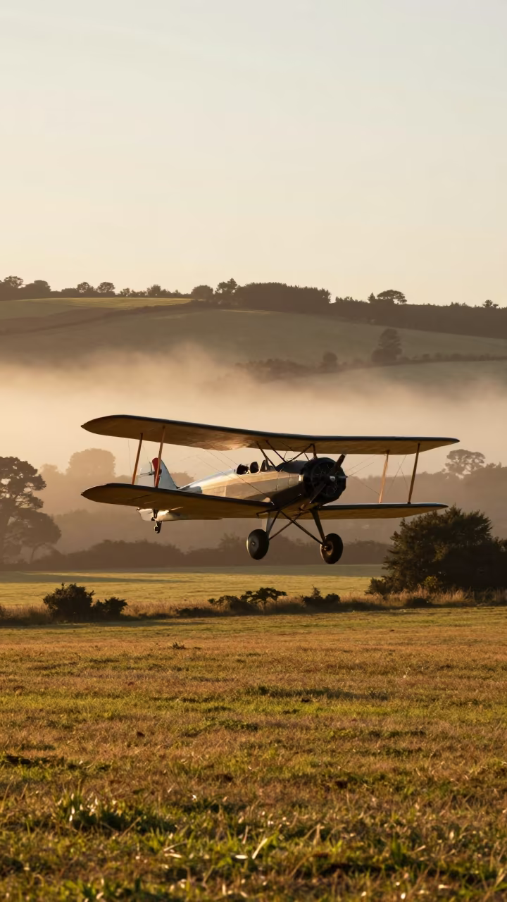 Biplane Low Over Foggy Field at Golden Hour in along a switchback approach near Lower Hutt