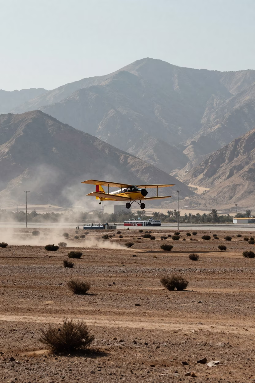 Biplane Low Over Saudi Ferry Crossing Field in across a remote ferry crossing in Saudi Arabia
