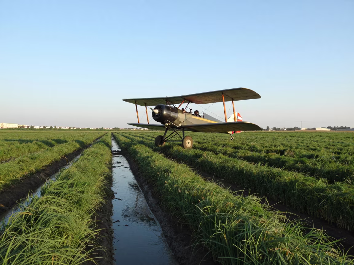 Biplane Pass Over Irrigated Rows in Tbilisi in along freshly irrigated rows in Dry Bridge Market, Tbilisi