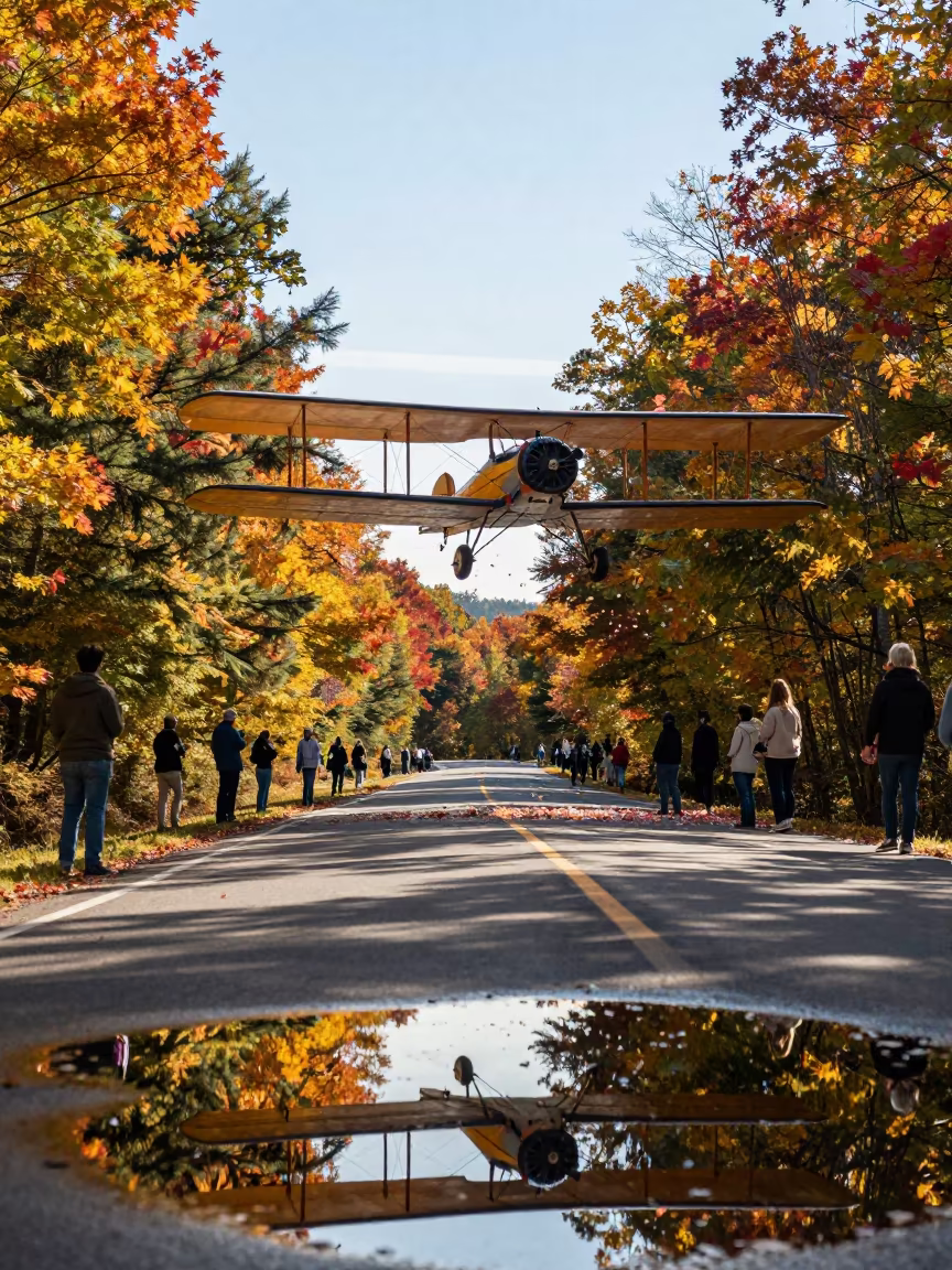 Biplane Petal Drop Over West Virginia Wedding in along a switchback approach in West Virginia