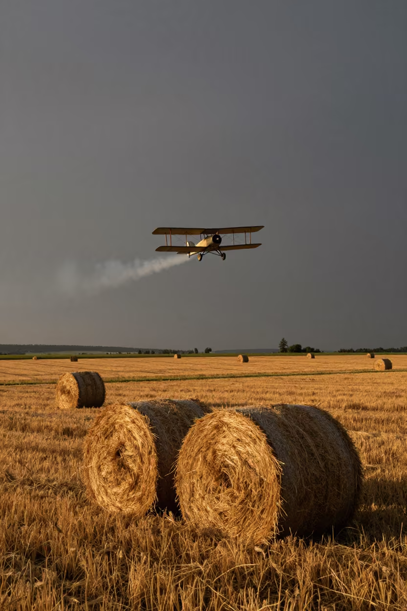 Biplane Smoke Over Golden Harvest Field Before Dawn in beside stacked hay bales in Hungary
